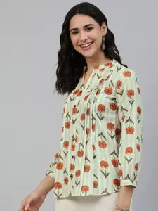 MALHAAR Floral Print Mandarin Collar Shirt style Pure Cotton Top