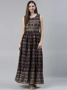 Neerus Ethnic Motifs Printed Silk Sleeveless Maxi Ethnic Dress with Belt