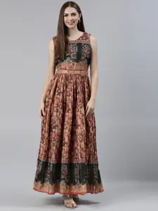 Neerus Ethnic Motifs Printed Silk Sleeveless Maxi Ethnic Dress