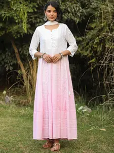 SCAKHI Embroidered Tie-Dyed Ombre Pure Cotton Maxi Ethnic Dress With Dupatta