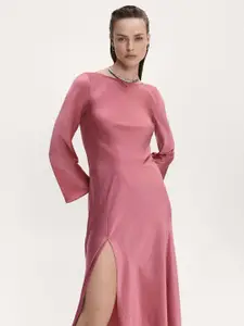 MANGO Boat Neck Flared Sleeves Satin A-Line Maxi Dress