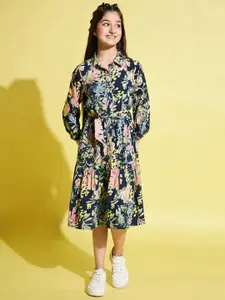 Stylo Bug Girls Floral Printed Cuffed Sleeves Shirt Dress