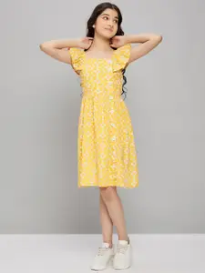 Stylo Bug Girls Geometric Printed Flutter Sleeves Fit & Flare Dress