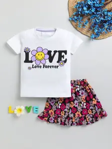YK Girls Floral Printed Round Neck Cotton T-shirt With Skirts
