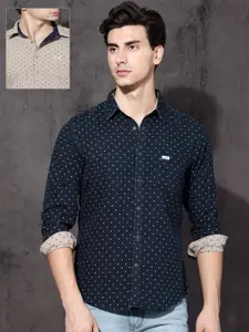 Roadster Men Navy Blue & Beige Reversible Printed Pure Cotton Sustainable Casual Shirt