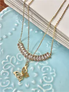 Ayesha Rhinestone Studded & Metallic Butterfly Pendants Gold-Plated Layered Necklace
