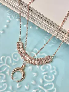 Ayesha Rhinestone Studded & Metallic Moon Pendants Rose Gold-Plated Layered Necklace