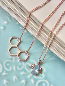 Ayesha Set of 2 Hexagon & Diamante Wings Mini Pendant Rose Gold-Plated Necklaces