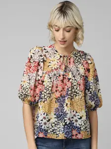 ONLY Onlsandra Wheat LS Floral Printed Tie-Up Neck Puff Sleeves Top