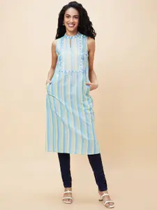 Globus Band Collar Striped Thread Work Straight Cotton Kurta