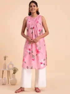 Pink Fort Sleeveless Floral Printed Pleated Cotton Kurta