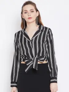 Zastraa Striped Crepe Shirt Style Crop Top