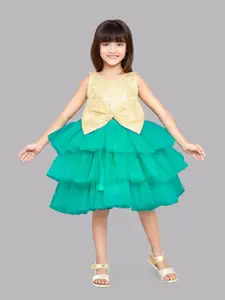 Pink Chick Girls Round Neck Sequins Layered Net Fit And Flare Dress