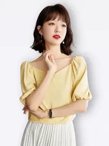 JC Collection Women V Neck Puff Sleeves Casual Tops