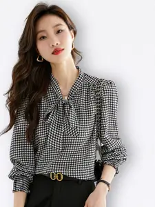 JC Collection Checked Tie-Up Neck Top