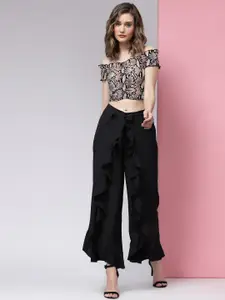 KASSUALLY Women Off Shoulder Top & Ruffle Flared Trouser Co-Ord Set