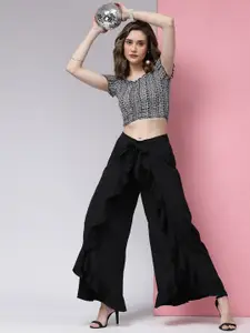 KASSUALLY Women Printed Off Shoulder Top & Ruffle Flared Trouser Co-Ord Set