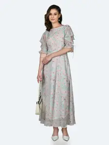 Zink London Floral Printed Slit Sleeves A-Line Maxi Dress