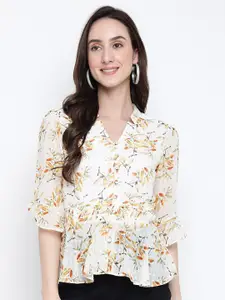 Latin Quarters Floral Printed V-Neck Bell Sleeves Shirt Style Crop Top
