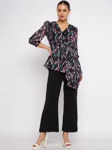 Antheaa Printed V-Neck Collar Top With Flared Trouser Co-Ords Set