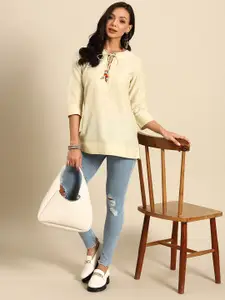 Sangria Tie-Up Neck Kurti With Beads Detail