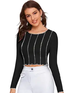CLAFOUTIS Striped Long Sleeves Crepe Fitted Crop Top