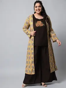 Nehamta Plus Size Floral Embroidered Thread Work Kurti with Palazzos & Jacket