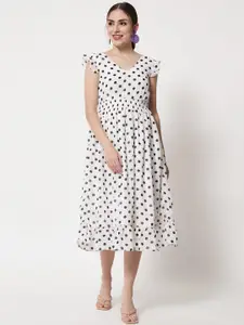 Trend Arrest V-Neck Polka Dots Printed Georgette Midi Fit And Flare Dress