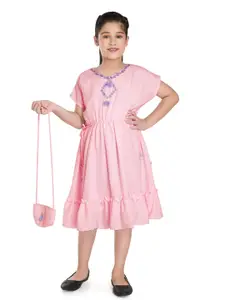 Peppermint Girls Embroidered Extended Sleeves Tie-Up Fit & Flare Dress With Sling Bag