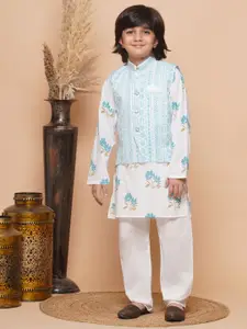 Aj DEZInES Boys Floral Printed Zari Pure Cotton Kurta with Pyjamas & Nehru Jacket