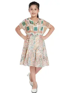 Peppermint Girls Floral Printed Extended Sleeves Fit & Flare Dress
