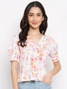 Latin Quarters Floral Printed V-Neck Puff Sleeves Peplum Top