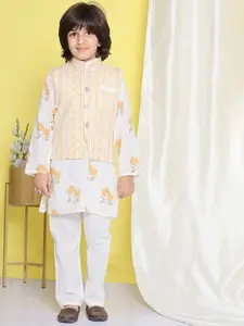Aj DEZInES Boys Floral Printed Mandarin Collar Pure Cotton Kurta with Pyjamas & Jacket