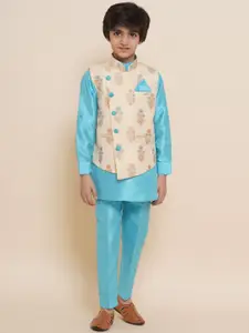 Aj DEZInES Boys Mandarin Collar Kurta with Trousers with Woven Design Nehru Jacket