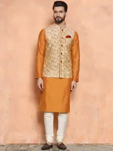 KISAH Men Kantha Printed Regular Fit Kurta Jacket Churidar Set