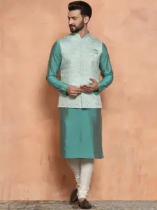 KISAH Men Regular Fit Embroidered Kurta Jacket Churidar Set