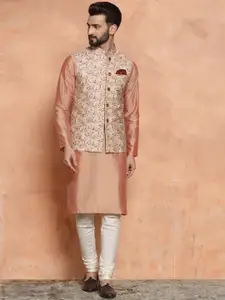 KISAH Men Kantha Printed Regular Fit Kurta Jacket Churidar Set