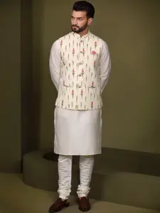 KISAH Mandarin Collar Straight Kurta With Churidar & Nehru Jacket