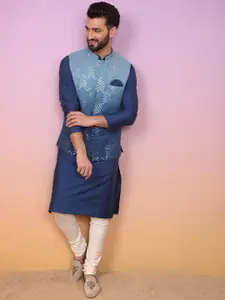 KISAH Men Ombre Regular Fit Sequinned Kurta Jacket Churidar Set