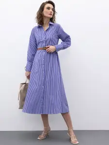 DeFacto Striped Shirt Collar Cuffed Sleeves Midi Pure Cotton Shirt Dress With Belt