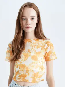 DeFacto Tie & Dye Round Neck Sheer Crop Top