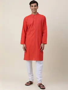 Fabindia Striped Mandarin Collar Thread Work Pure Cotton Kurta