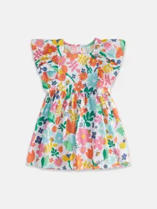 Pantaloons Baby Infant Girls Floral Printed Flutter Sleeves Cotton Fit and Flare Dress