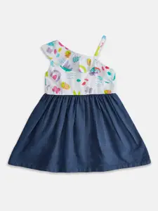 Pantaloons Baby Infant Girls Graphic Printed One Shoulder Cotton Fit and Flare Dress