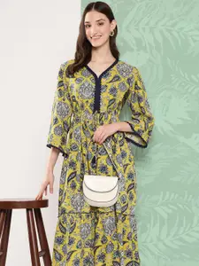 Nayam By Lakshita Floral Print Flared Sleeves Midi Ethnic Dress With Tie-Up Detail