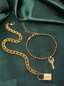Ferosh Women Set of 2 Gold-Plated Lock & Key Link Bracelet