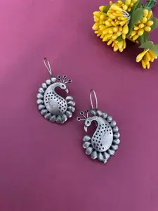 Digital Dress Room Silver-Plated Oxidized Peacock Shaped Drop Earrings