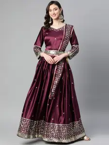 Purple State Embroidered Sequinned Semi-Stitched Lehenga & Unstitched Blouse With Dupatta