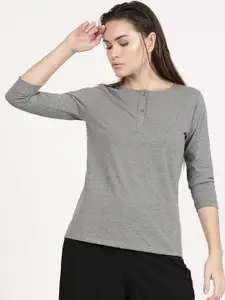 ether Women Grey Melange Solid Henley Neck T-shirt