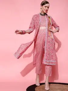 indo street Floral Printed Pure Cotton Top & Trouser With Jacket Co-Ord Set